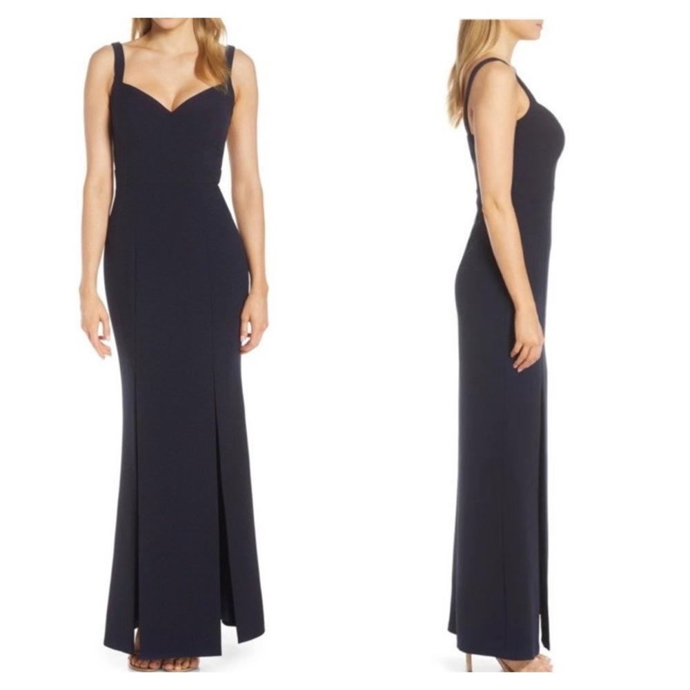 Eliza J‎ Double Slit Column Maxi Dress Crepe Gown Navy Women 10